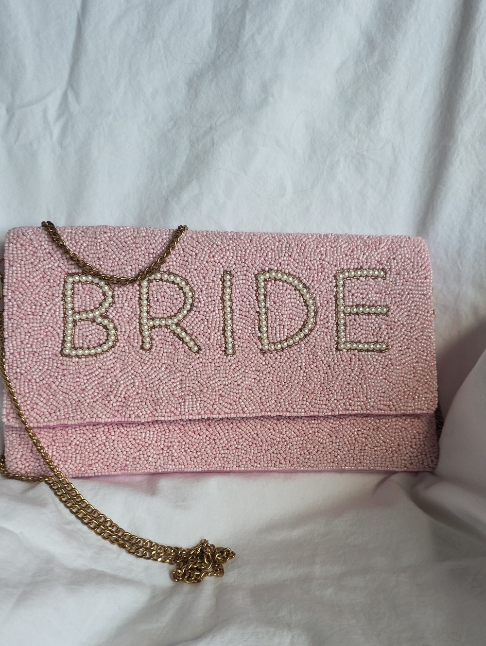 Saints Headbands Bride Embellished Pink Beaded Clutch with Gold Chain